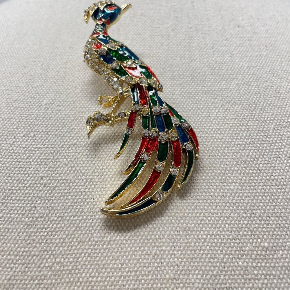 Vintage Enamel Rhinestone Peacock Brooch Pin Multicolor Bird Novelty - Picture 6 of 12